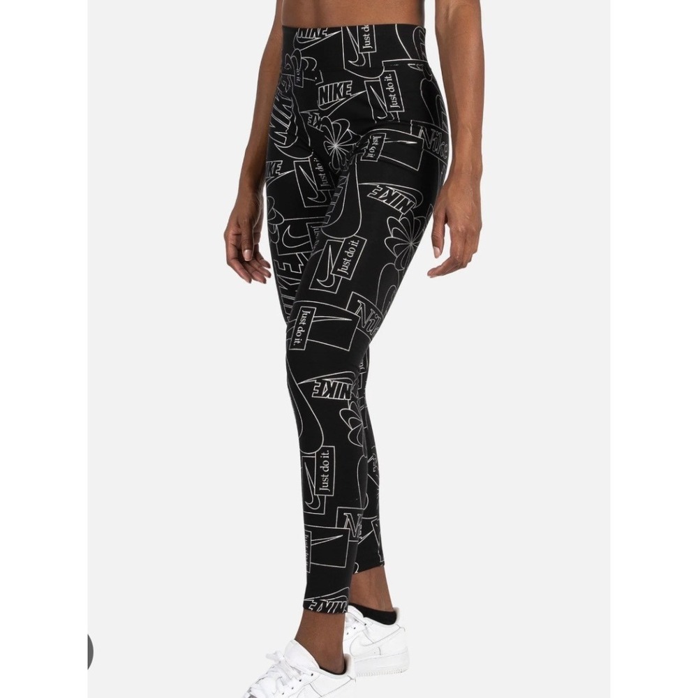 Nike Womens Sportswear Graphic Leggings Black White Logo Print High Rise Medium - Picture 1 of 10